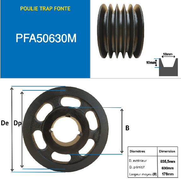 Poleas Poleas trapezoidales con cubo desmontable PFA50630M Polea trapezoidal de hierro fundido tipo SPA / A con cubo desmontable serie 3535 con 5 ranuras, diámetro de paso 630 mm-Leer más