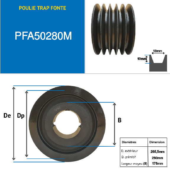 Poleas Poleas trapezoidales con cubo desmontable PFA50280M Polea trapezoidal de hierro fundido tipo SPA / A con cubo desmontable serie 3535 con 5 ranuras, diámetro de paso 280 mm-Leer más