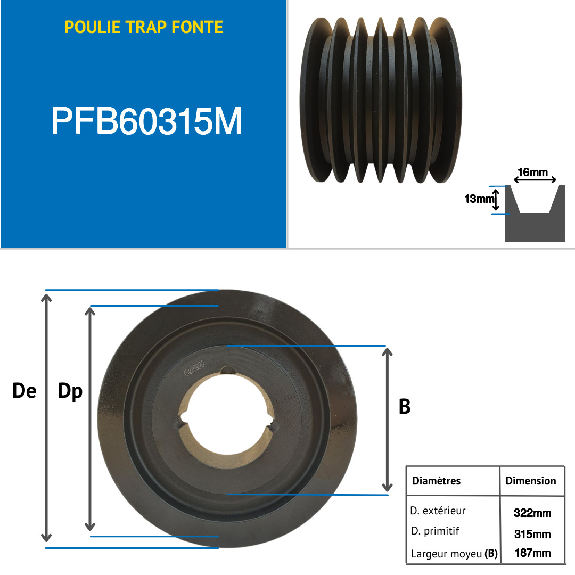 Poleas Poleas trapezoidales con cubo desmontable PFB60315M Polea trapezoidal de hierro fundido tipo SPB / B con cubo desmontable serie 3535 con 6 ranuras, diámetro de paso 315 mm-Leer más