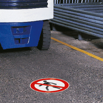 Bodenzeichen Für Fußgänger verboten, Bodenmarkierungsfolie, Ø 200mm, ASR A1.3, DIN EN ISO 7010/P004, Rutschhemmung R10-Beschreibung lesen