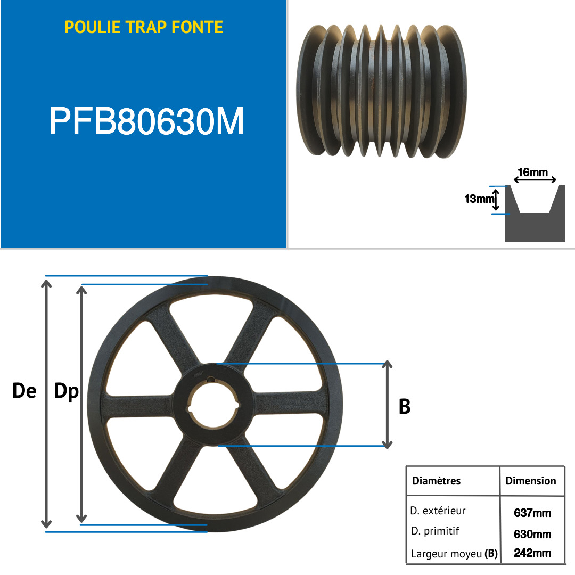Pulegge Pulegge trapezoidali con mozzo smontabile PFB80630M Puleggia trapezoidale in ghisa tipo SPB / B con mozzo smontabile serie 4545 con 8 gole, passo diametro 630 mm-Leggi tutto