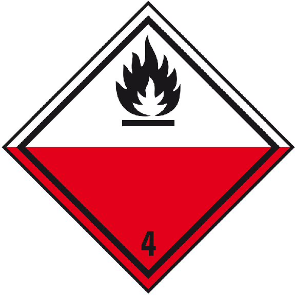 Verpackungskennzeichen Kl.4.2 Selbstentz.St., 100x100mm, Folie, seewasserbeständig, 500/Rolle, IMDG-Code, GGVSEB, ADR-Beschreibung lesen