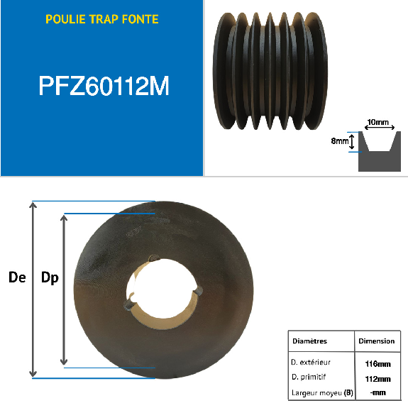 Pulegge Pulegge trapezoidali con mozzo smontabile PFZ60112M Puleggia trapezoidale in ghisa tipo SPZ / Z con mozzo smontabile serie 2012 con 6 scanalature, diametro passo 112 mm-Leggi tutto