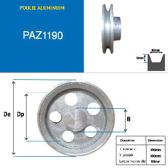 poulie aluminium trapézoïdale  1 gorges type Z diamètre 190 mm-Lire la description