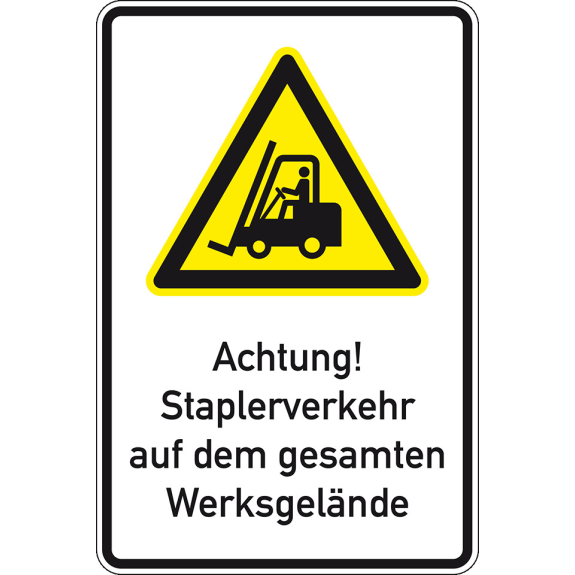 Warn-Kombischild Staplerverkehr auf dem Werksgelände, Aluminium RA0, 600x900mm, DIN EN ISO 7010, nach StVO W014-Beschreibung lesen