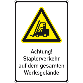 Warn-Kombischild Staplerverkehr auf dem Werksgelände, Aluminium RA0, 600x900mm, DIN EN ISO 7010, nach StVO W014-Beschreibung lesen