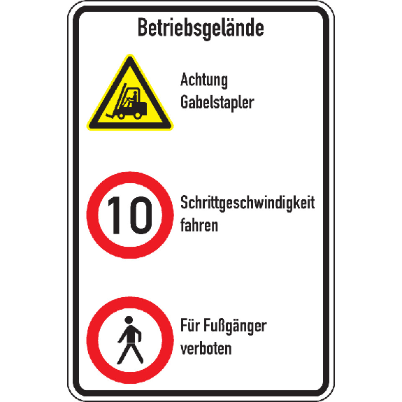 Kombischild Betriebsgelände, Stapler und 10km/h und Fußgänger, Aluminium RAO, 600x900mm, DIN EN ISO 7010, nach StVO W014-Beschreibung lesen