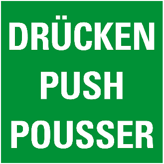 Türhinweis Drücken, dreisprachig, grün/weiß, Folie, selbstklebend, 80x80mm-Beschreibung lesen