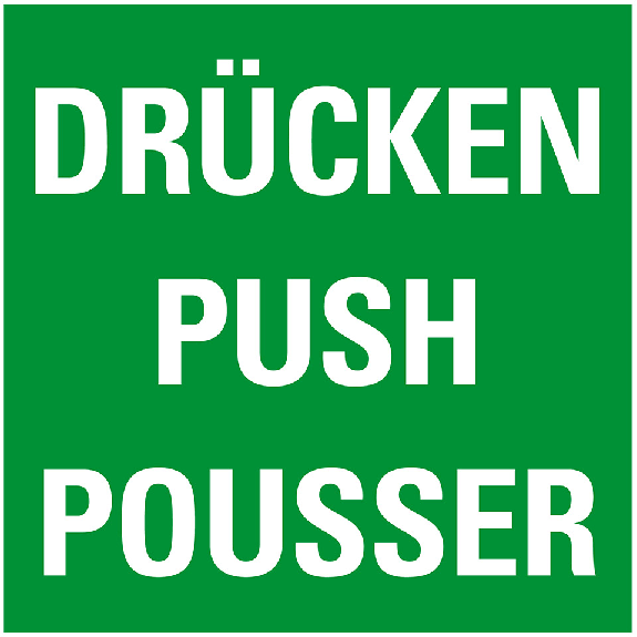 Türhinweis Drücken, dreisprachig, grün/weiß, Folie, selbstklebend, 80x80mm Türhinweis Drücken, dreisprachig, grün/weiß, Folie, selbstklebend, 80x80mm-Beschreibung lesen