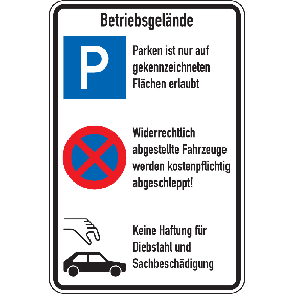 Kombischild Betriebsgelände, Parken, Parkverbot und Diebstahl, Aluminium RA0, 600x900mm, DIN 67520, nach StVO Kombischild Betriebsgelände, Parken, Parkverbot und Diebstahl, Aluminium RA0, 600x900mm, DIN 67520, nach StVO-Beschreibung lesen