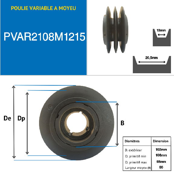 Poulie fonte trapézoïdale variable à moyeu amovible série 1215 avec 2 gorges, diamétre primitif de 108 mm-Lire la description