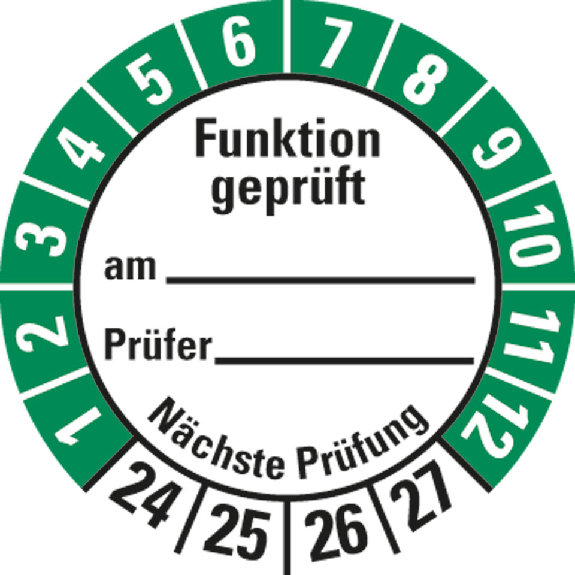 Prüfplakette Funktion geprüft am,24-27,weiß/grün,Folie,selbstkl.,Ø 30mm,10/Bogen-Beschreibung lesen