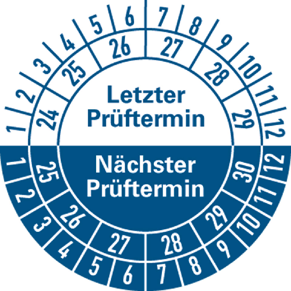 Prüfplakette LP 24-29/NP 25-30, blau, Folie, selbstklebend, Ø 30mm, 10/Bogen-Lire la description