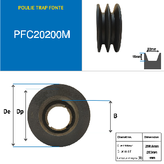 Poleas Poleas trapezoidales con cubo desmontable PFC20200M Polea trapezoidal de hierro fundido tipo SPC / C con cubo desmontable serie 2517 con 2 ranuras, diámetro de paso 200 mm-Leer más