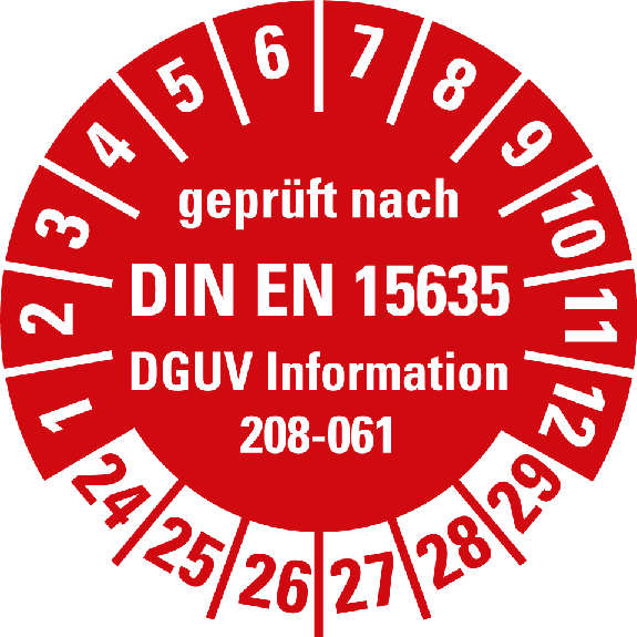 Prüfplakette gepr.n.DIN EN 15635,DGUV Info. 208-061,24-29,Folie,Ø 30mm,10/Bogen-Beschreibung lesen
