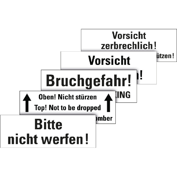 Hinweisetikett Zerbrechl.! Vor Nässe..., weiß, Haftpapier, permanent, 147x50mm, 250/Rolle-Beschreibung lesen