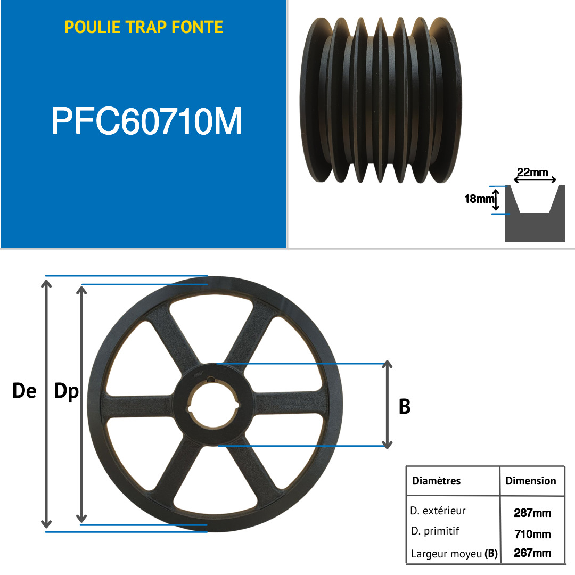 Poleas Poleas trapezoidales con cubo desmontable PFC60710M Polea trapezoidal de hierro fundido tipo SPC / C con cubo desmontable serie 5050 con 6 ranuras, diámetro de paso 710 mm-Leer más