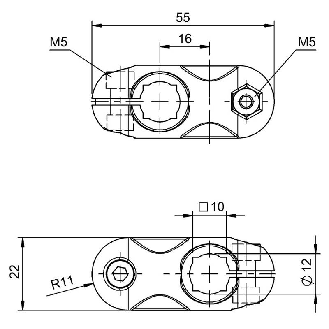Elément d'assemblage croisé pour Ø12mm ou 10x10mm, 55x22x22mm - BMS CC-P-D12-A-00 (BAM002M)-Lire la description