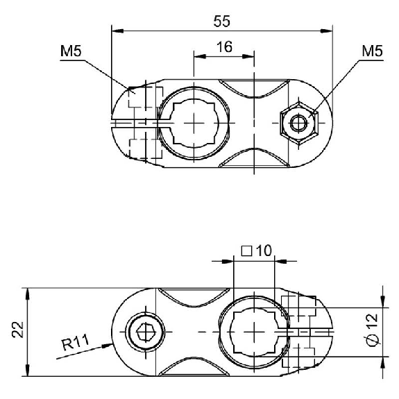Elément d'assemblage croisé pour Ø12mm ou 10x10mm, 55x22x22mm - BMS CC-P-D12-A-00 (BAM002M)-Lire la description