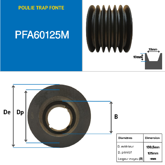 Pulegge Pulegge trapezoidali con mozzo smontabile PFA60125M Puleggia trapezoidale in ghisa tipo SPA / A con mozzo smontabile serie 2012 con 6 gole, diametro passo 125 mm-Leggi tutto
