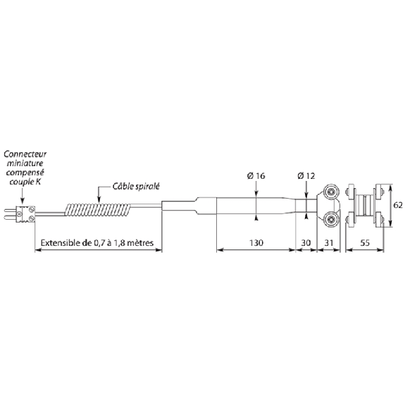 Sonde TC-K de surface pour pièce en mouvement avec câble spiralé - SFR35A-400-Lire la description