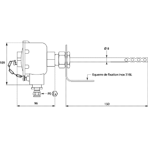 Sonde d'ambiance Pt100x1 ATEX inox 316L Ø8 x 150mm -50/+450 °C - AOSIAMB1501 Sonde d'ambiance Pt100x1 ATEX inox 316L Ø8 x 150mm -50/+450 °C - AOSIAMB1501-Lire la description