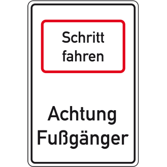 Hinweisschild Schritt fahren - Achtung Fußgänger, Aluminium RA0, reflektierend, 600x900mm, DIN 67520-Beschreibung lesen