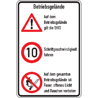 Kombischild Betriebsgelände, STVO und 10 km/h + Feuer offenes..., Aluminium, 600x900mm, nach StVO-Beschreibung lesen