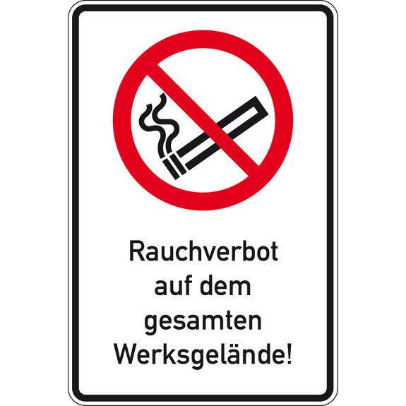 Verbots-Kombischild Rauchverbot auf dem Werksgelände, Aluminium RA0, 600x900mm, DIN EN ISO 7010, nach StVO P002 Verbots-Kombischild Rauchverbot auf dem Werksgelände, Aluminium RA0, 600x900mm, DIN EN ISO 7010, nach StVO P002-Beschreibung lesen