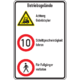 Kombischild Betriebsgelände, Stapler und 10 km/h + Fußgänger, Aluminium, 600x900mm, DIN EN ISO 7010 W014-Beschreibung lesen