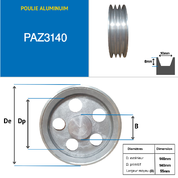 poulie aluminium trapézoïdale  3 gorges type Z diamètre 140 mm-Lire la description