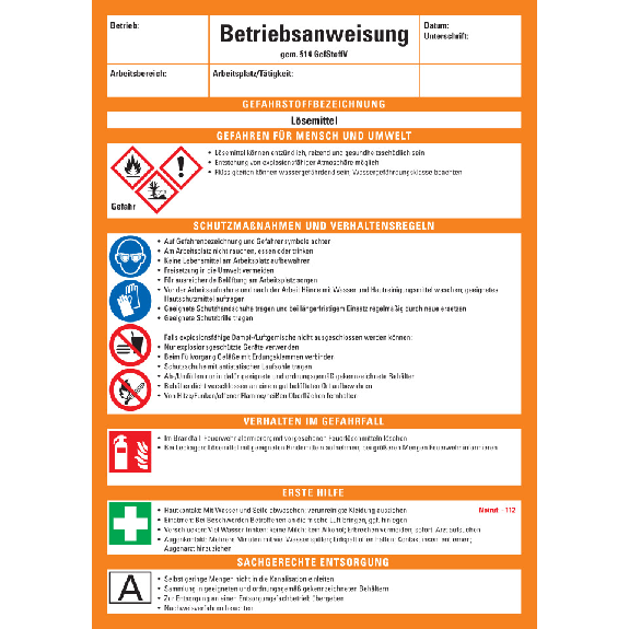 Betriebsanweisung Lösemittel, CLP/GHS, Kunststoff, 210x297mm, ASR A1.3, DIN EN ISO 7010-Beschreibung lesen