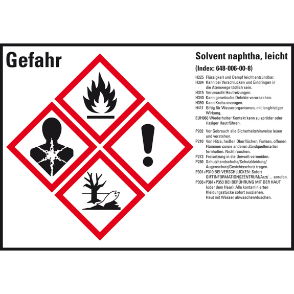 GHS-Etikett Solvent naphtha, leicht, GefStoffV/GHS/CLP, Folie, 105x74mm, 8/Bogen-Beschreibung lesen