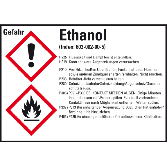 GHS-Etikett Ethanol, GefStoffV/GHS/CLP, Folie, selbstklebend, 105x74mm, 8/Bogen-Leggi tutto