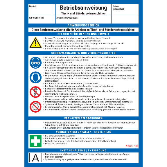 Maschinenbetriebsanweisung Tisch- und Ständerbohrmaschinen, Kunststoff, 210x297mm, ASR A1.3, DIN EN ISO 7010-Lire la description
