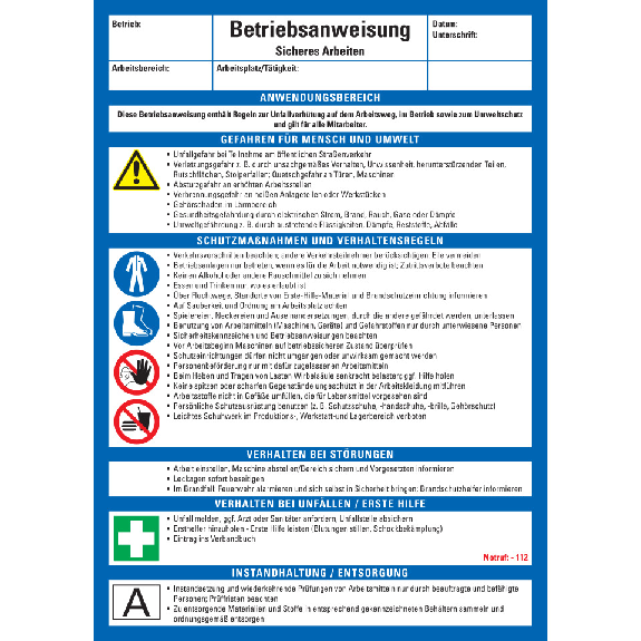 Maschinenbetriebsanweisung Sicheres Arbeiten, Kunststoff, 210x297mm, ASR A1.3, DIN EN ISO 7010-Leggi tutto