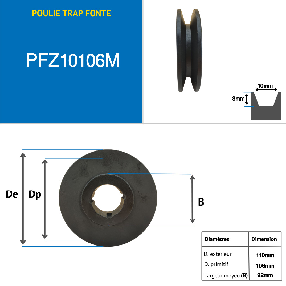 Poleas Poleas trapezoidales con cubo desmontable PFZ10106M Polea trapezoidal de hierro fundido tipo SPZ / Z con cubo desmontable serie 1610 con 1 ranura, diámetro de paso 106 mm-Leer más