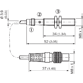DPI M08 PNP P2mm noyé 52(34)mm Laiton 10-30Vdc / M08 4P+C2m - IME08-02BPSZR2S-Lire la description