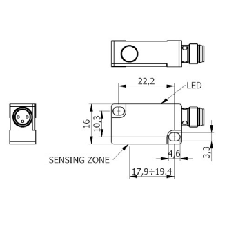 DPI Rect. PNP NF P2mm noyé 10x28x16mm Plast. 6-30Vdc / M08 3P - SIP10-C2 PNP NC H1-Lire la description