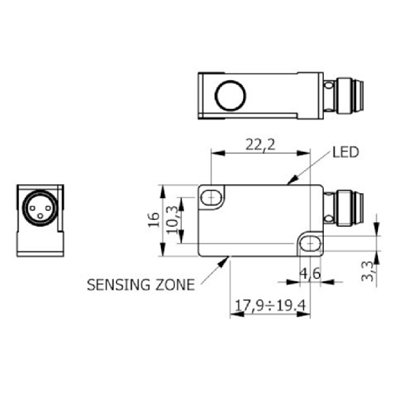 DPI Rect. PNP NF P2mm noyé 10x28x16mm Plast. 6-30Vdc / M08 3P - SIP10-C2 PNP NC H1-Lire la description