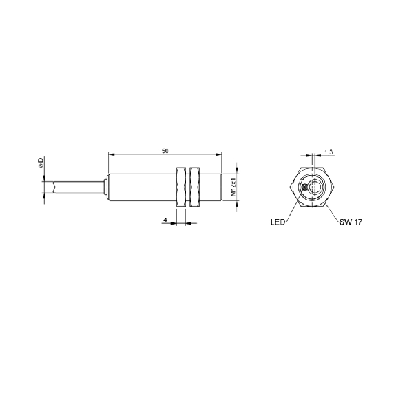 DPI M12 2 fils AC/DC NO P4mm noyé 50mm Laiton / Câble 2m PVC - BES M12MI-UST40B-BV02 (BES05ZM)-Lire la description