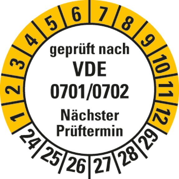 Prüfpl.gepr.n.VDE 0701/0702,NP,24-29,weiß/gelb,Folie,selbstkl.,Ø 30mm,10/Bogen-Beschreibung lesen