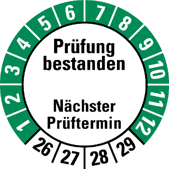 Prüfplakette Prüfung bestanden,Nä. Prüft.,26-29,weiß/grün,Folie,Ø 20mm,10/Bogen-Beschreibung lesen