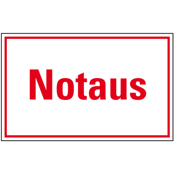 Hinweisschild Notaus, weiß/rot, Folie, selbstklebend, 300x200mm-Beschreibung lesen