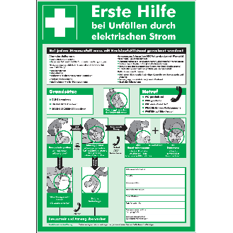 Aushang Erste Hilfe bei Unfällen durch elektrischen Strom, Kunststoff, 575x395mm-Beschreibung lesen