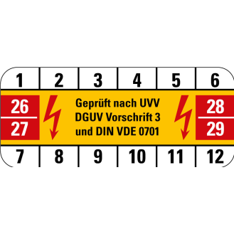 Prüfplakette Gepr.nach UVV DGUV Vor.3 und VDE 0701,26-29,Folie,18x42mm,10/Bogen-Beschreibung lesen