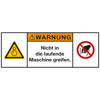 Produktsicherheitsschild Warnung Nicht in die laufende, RoHS konform, Folie, 100x35mm-Beschreibung lesen