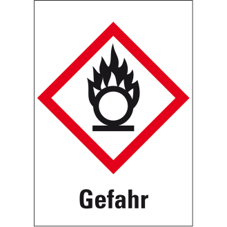 Gefahrensymbol Flamme über Kreis GHS 03, Gefahr, Folie, selbstklebend, 26x18mm, 30/Bogen, GHS-Verordnung-Beschreibung lesen