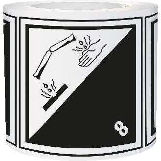 Verpackungskennzeichen Kl. 8 Ätzende Stoffe, Folie, seewasserbeständig, 100x100mm, 500/Rolle, IMDG-Code, GGVSEB, ADR-Beschreibung lesen