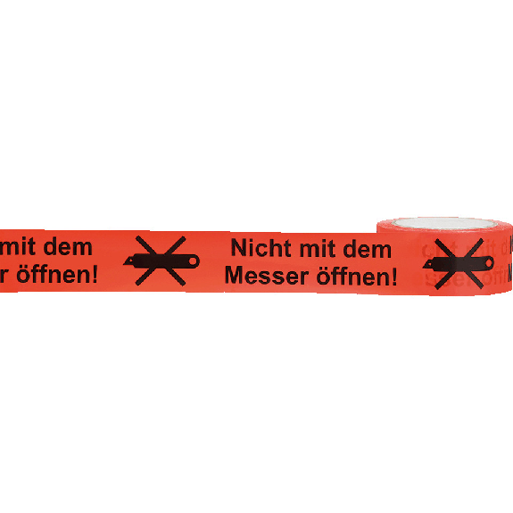 Warnband Nicht mit d.Messer öffnen, rot/schwarz, Polypropylen, 50mmx66m, 6 Rollen/VE-Beschreibung lesen